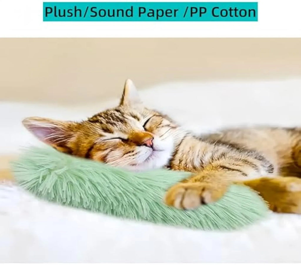 Four colourful interactive cat toys with crinkle sound and catnip filling on a soft surface