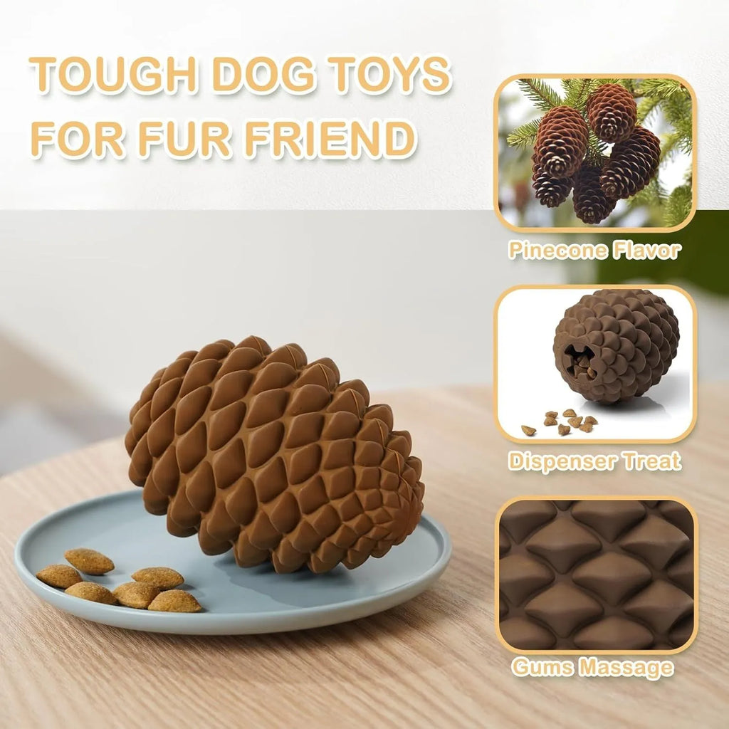 Pine cone shaped natural rubber dog chew toy with textured surface for dental care