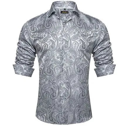 Men's polo collar long sleeve shirt with floral pattern in four-sided elastic polyester fabric, available in multiple colours and sizes