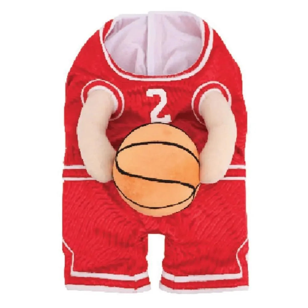 Creative dog basketball costume with built-in ball in red on a small dog