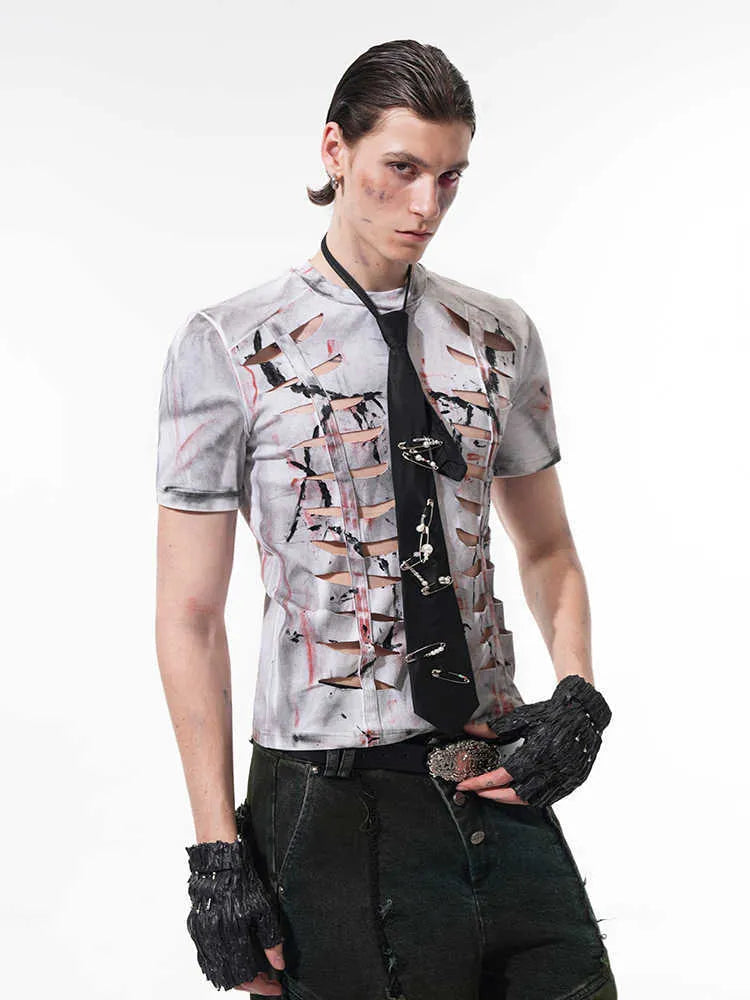 Men's white cut hollow-out tight short T-shirt with stretch short sleeves and round neck on a person
