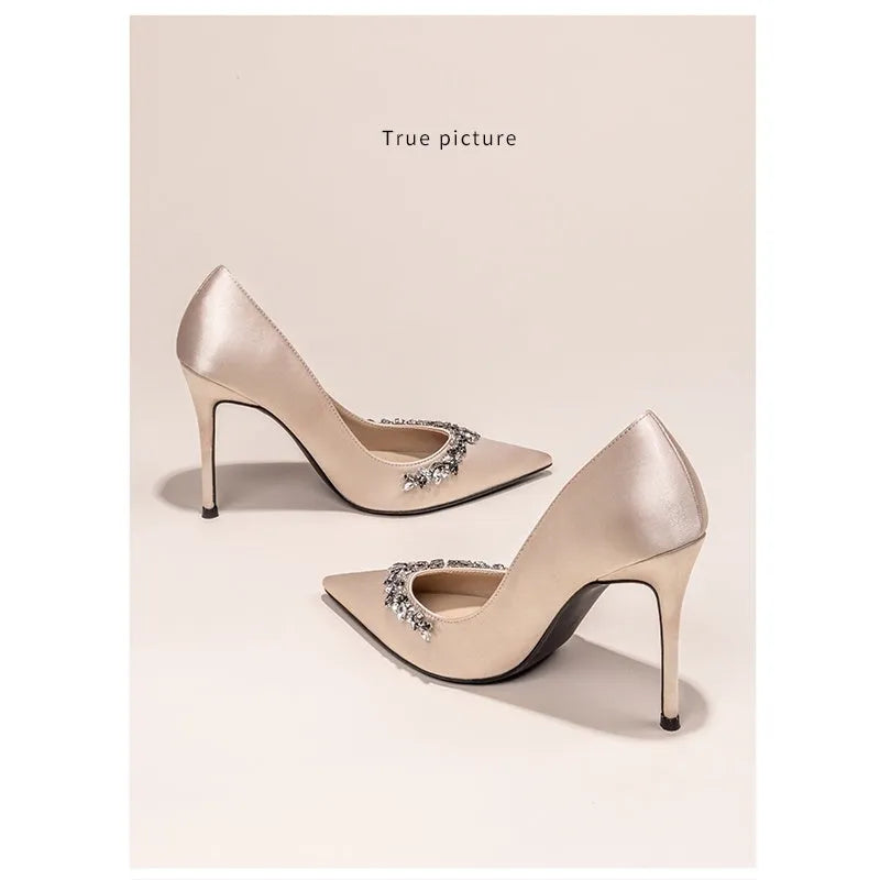 Women's satin stiletto heels with rhinestones, pointed toe, shallow mouth, available in multiple colours