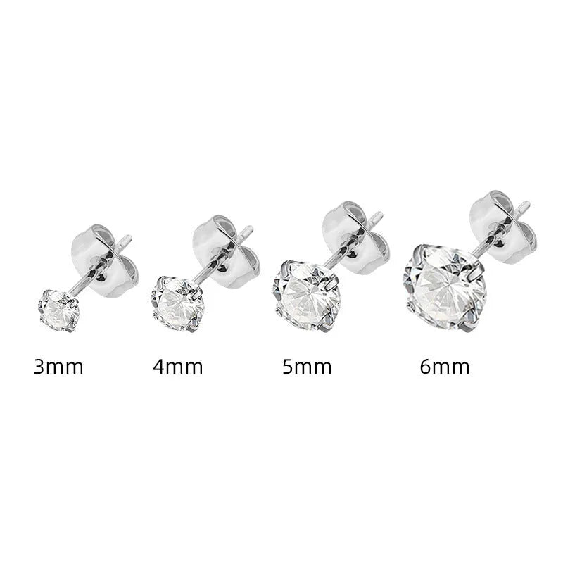Geometric square zircon stud earrings in gold or steel finish with 2mm to 8mm size options