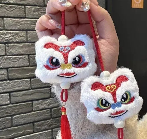Handmade Chinese style plush lion tassel keychain ornament with Star Stone details in blue or yellow colour