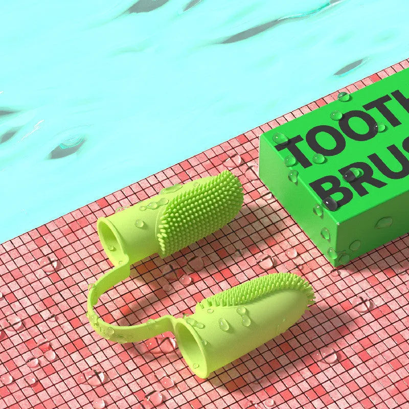 Pet tooth cleaning finger set with double finger TPR toothbrush in pink, blue green, and grass yellow