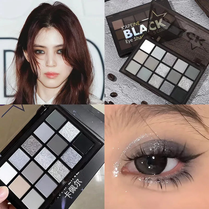 15-color eyeshadow palette open showing brown, blue, and earth tone shades