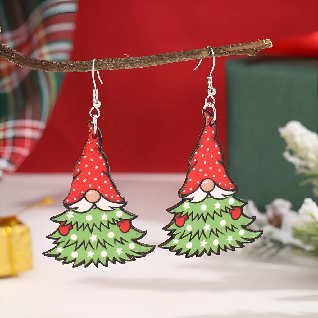 Women's wooden Christmas earrings showing Christmas tree and water drop snowman designs with Santa Claus elements