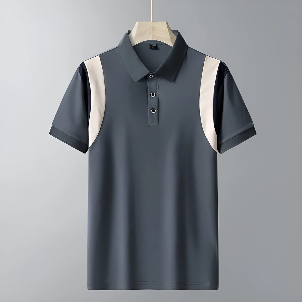 Men's loose fit cotton short-sleeved T-shirt with business lapel collar in a striped pattern.