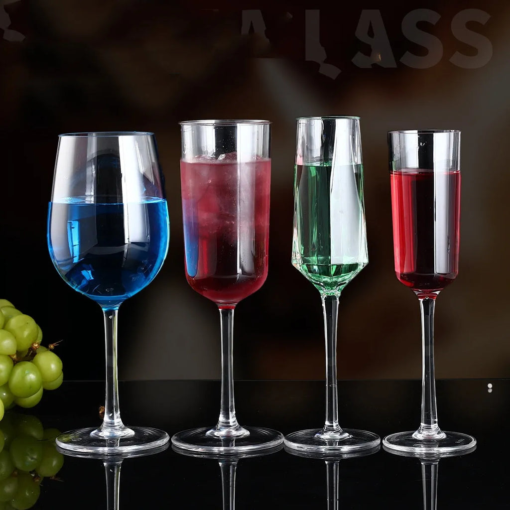 Modern clear plastic wine glass with simple design, shown in 300ml and 550ml sizes.