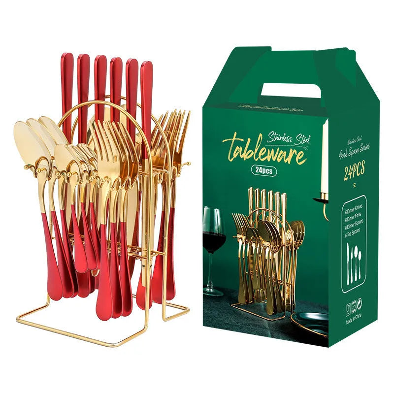24 piece gold stainless steel cutlery set with knives forks spoons tea spoons and storage rack