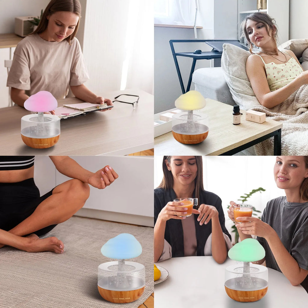 White Raining Cloud humidifier with 7-colour night light and 400ml water tank on a table