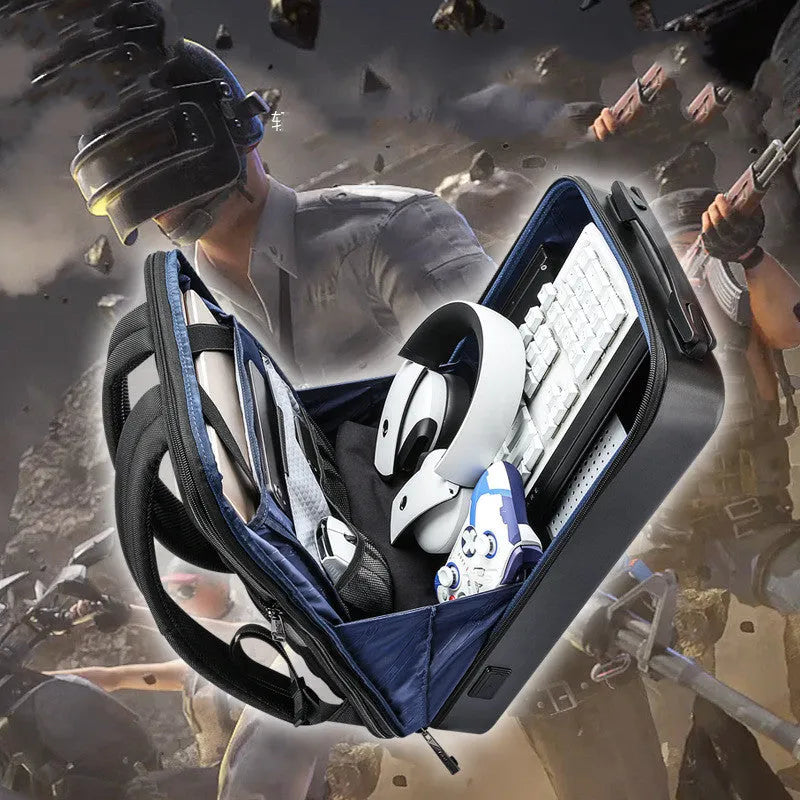 Hard shell gaming backpack with PC construction in titanium gold or black colour options