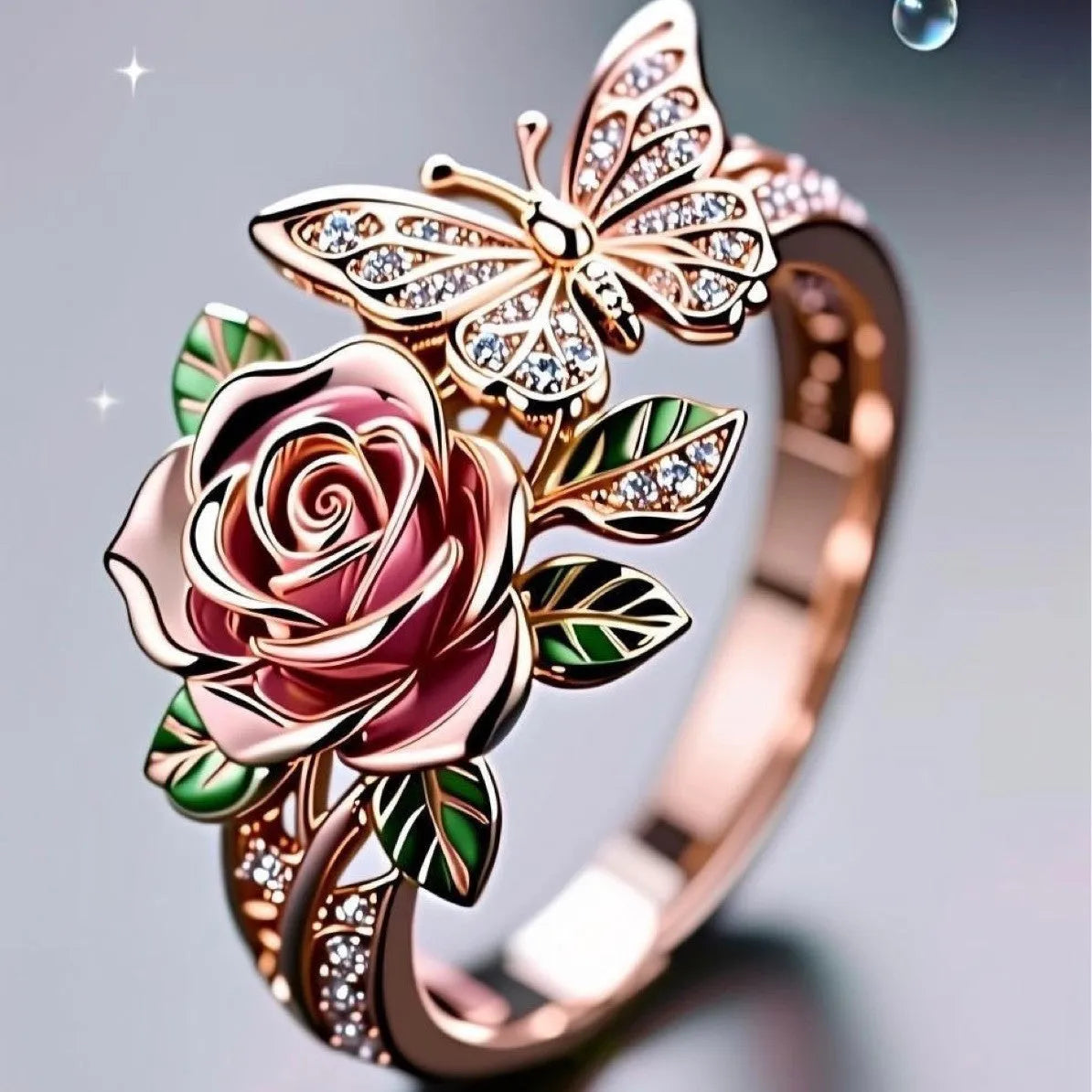 Adjustable alloy personality ring with colourful dripping oil finish showing butterfly and floral modelling