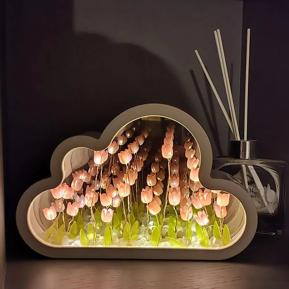 DIY tulip night lamp with cloud tulips, decorative mirror, and photo frame in pink LED mode