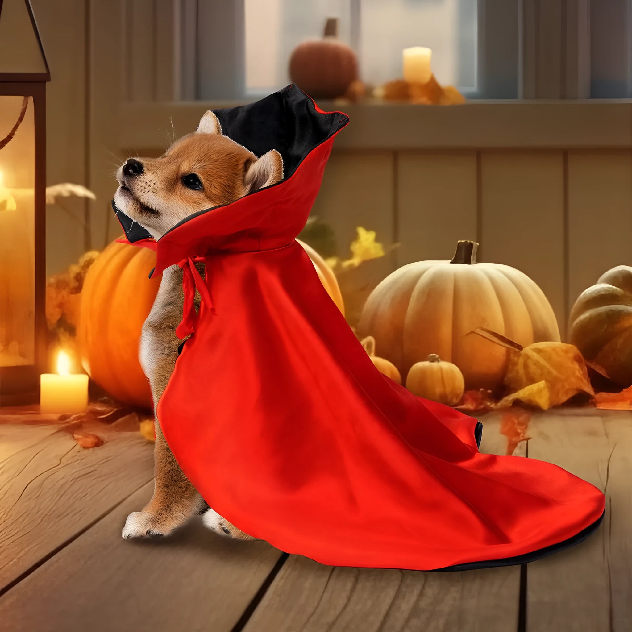 Red polyester Halloween atmosphere cloak for dogs and cats, laid flat showing open-back design