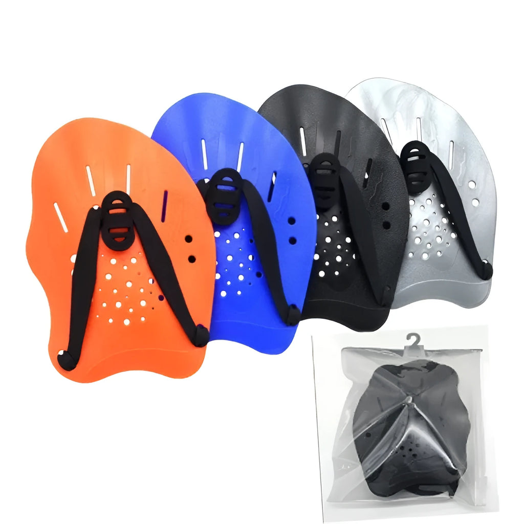 Swimming paddle training aids for freestyle stroke with webbed hand design in various colours