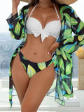 Women's three-piece mesh split bikini swimsuit set with coordinating coat