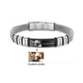 Men's stainless steel bracelet with leather rope band and lettering beads showing heart-shaped pendant