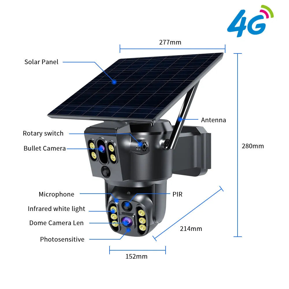 Solar-powered dual lens PTZ security camera with 2560x1440 resolution and infrared night vision