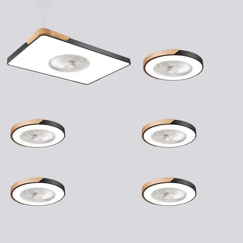 Nordic style solid wood ceiling fan with integrated light and PVC shade in rectangular, square and round designs.