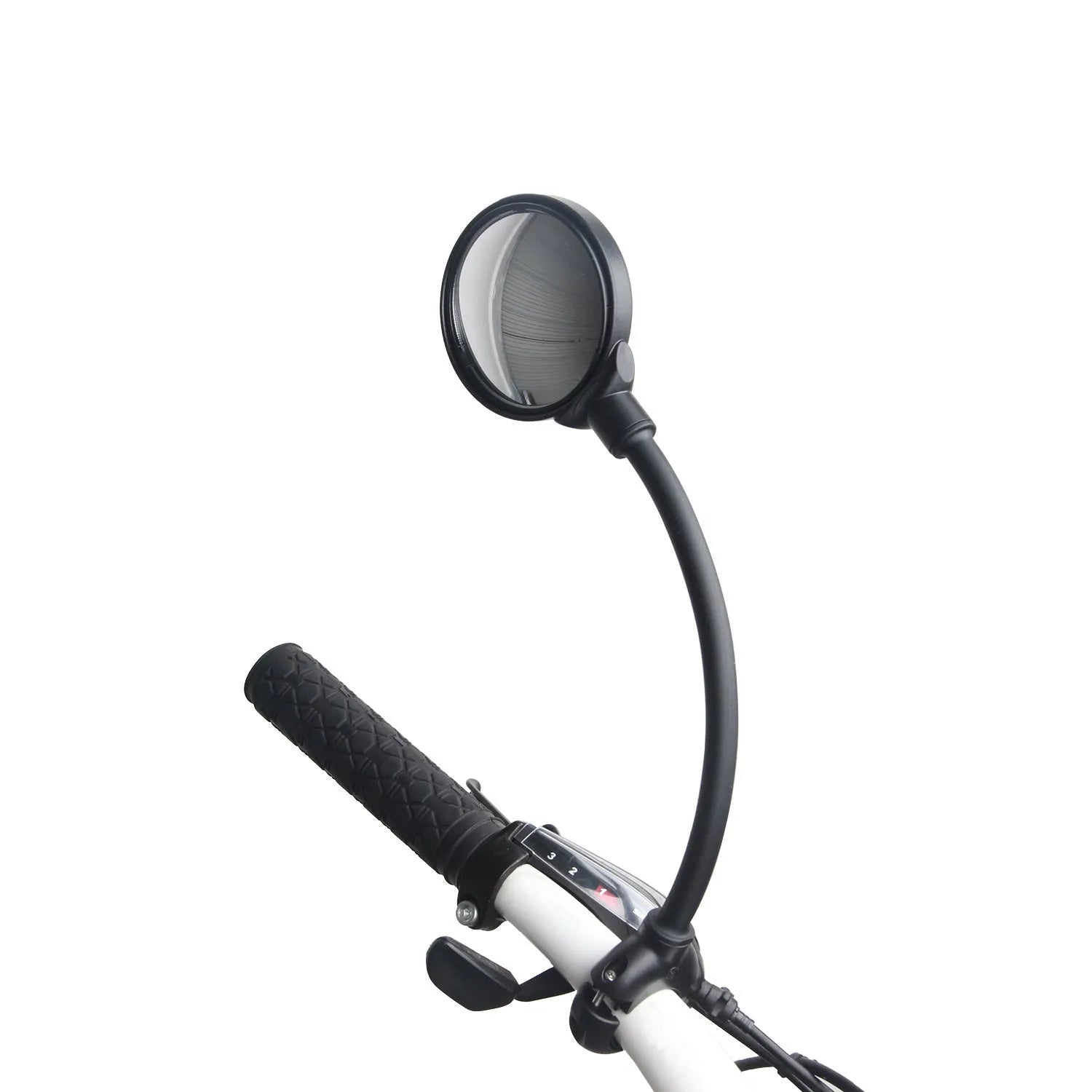 Close-up of a black metal bicycle rearview mirror with hose adjustment mechanism and reflector on a handlebar