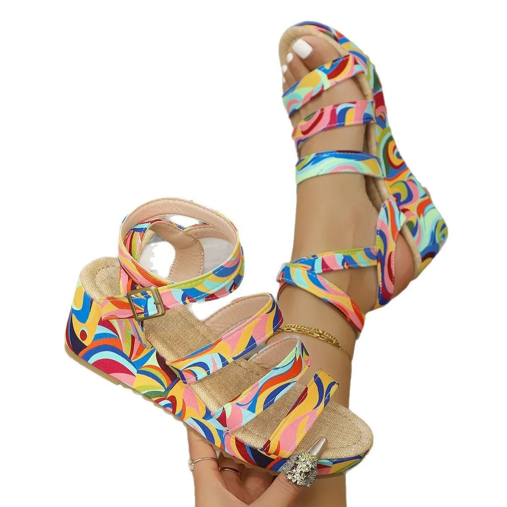 Women's buckle wedge sandals with PU upper and rubber sole in a neutral colour, fish-mouth toe, available in sizes 35-42