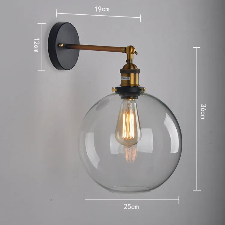 Retro round ball glass wall lamp with aluminium holder in amber, smoke grey, or transparent colour