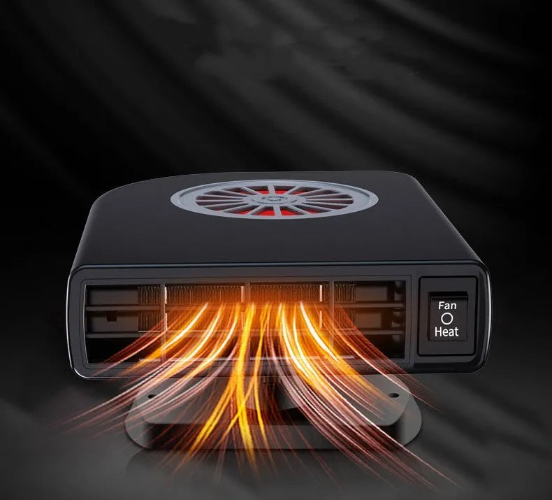 Black compact vehicle-mounted defroster and heater with 360-degree rotation on car dashboard.