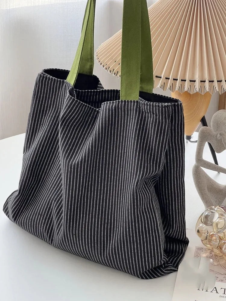 Canvas multi-layer tote bag with shoulder strap, black gray plaid colour, 24cm strap height, cotton thickening fabric
