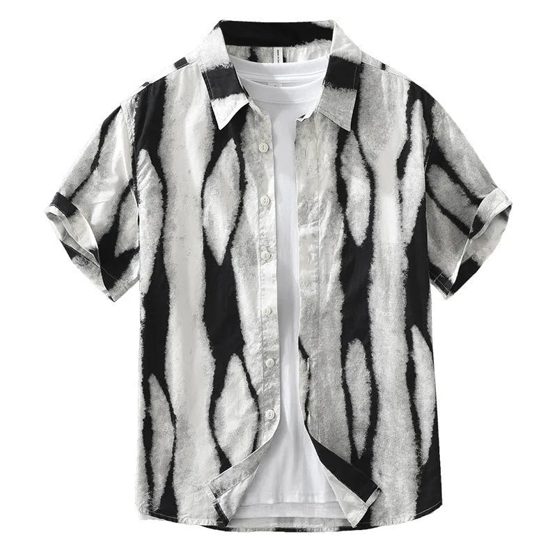 Retro striped short sleeve cardigan shirt in pure cotton fabric available in black and brown colours