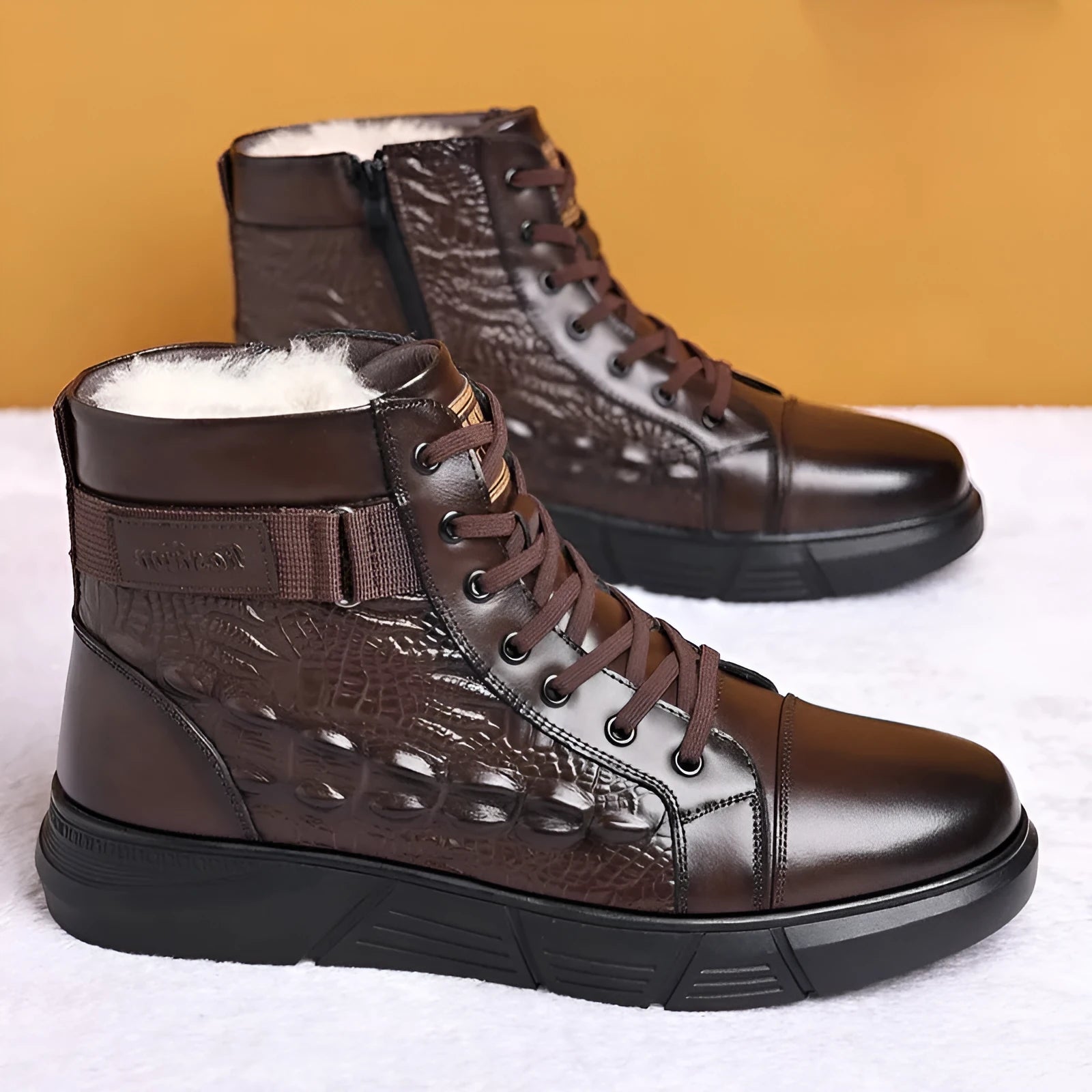 Men's black winter boots with fur lining, genuine leather uppers, and rubber soles shown with lace-up front