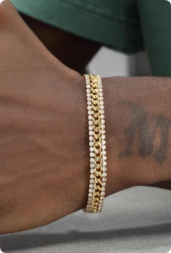 Gold electroplated unisex tennis bracelet on titanium steel with hip hop style and artificial gemstones.