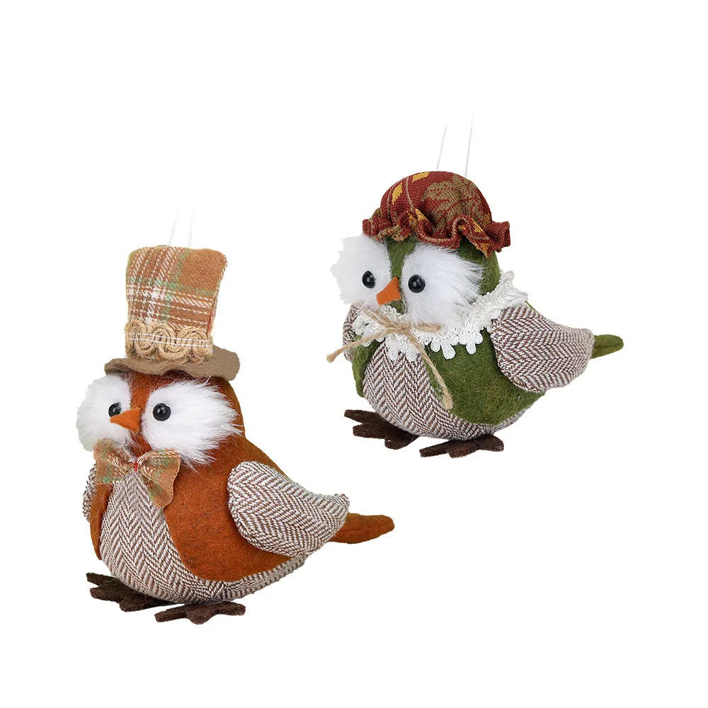 Green and orange cloth Thanksgiving pendant ornament featuring an owl and harvest bird design.