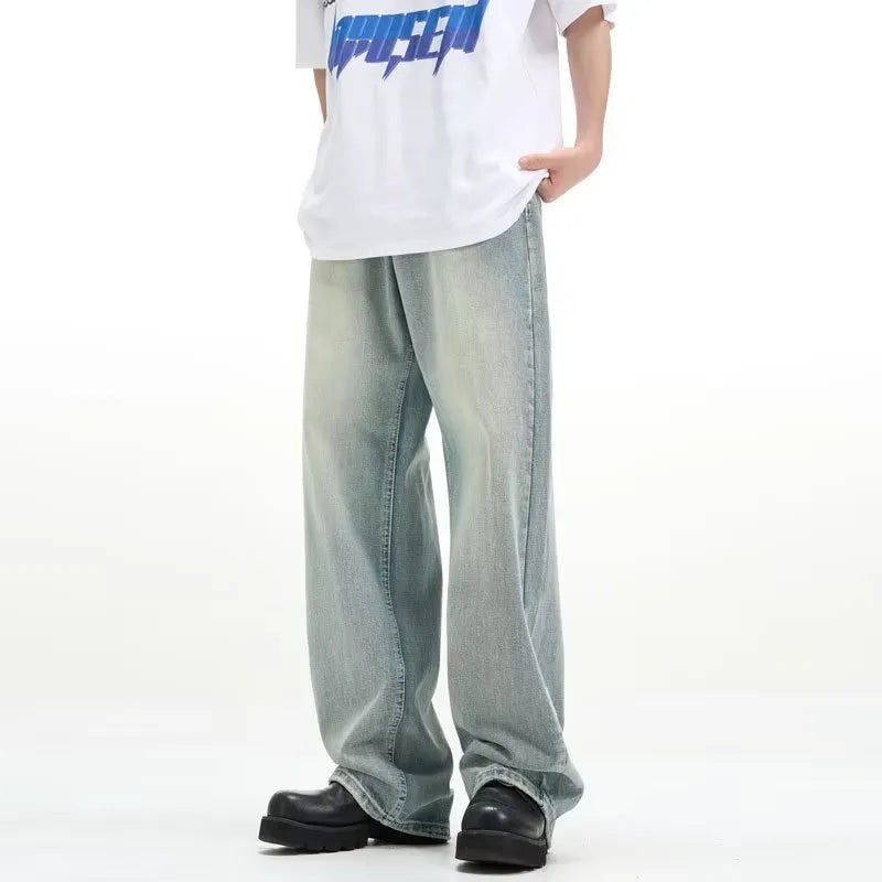 Blue retro-style loose casual trousers made from rabbit fur fabric on a mannequin.
