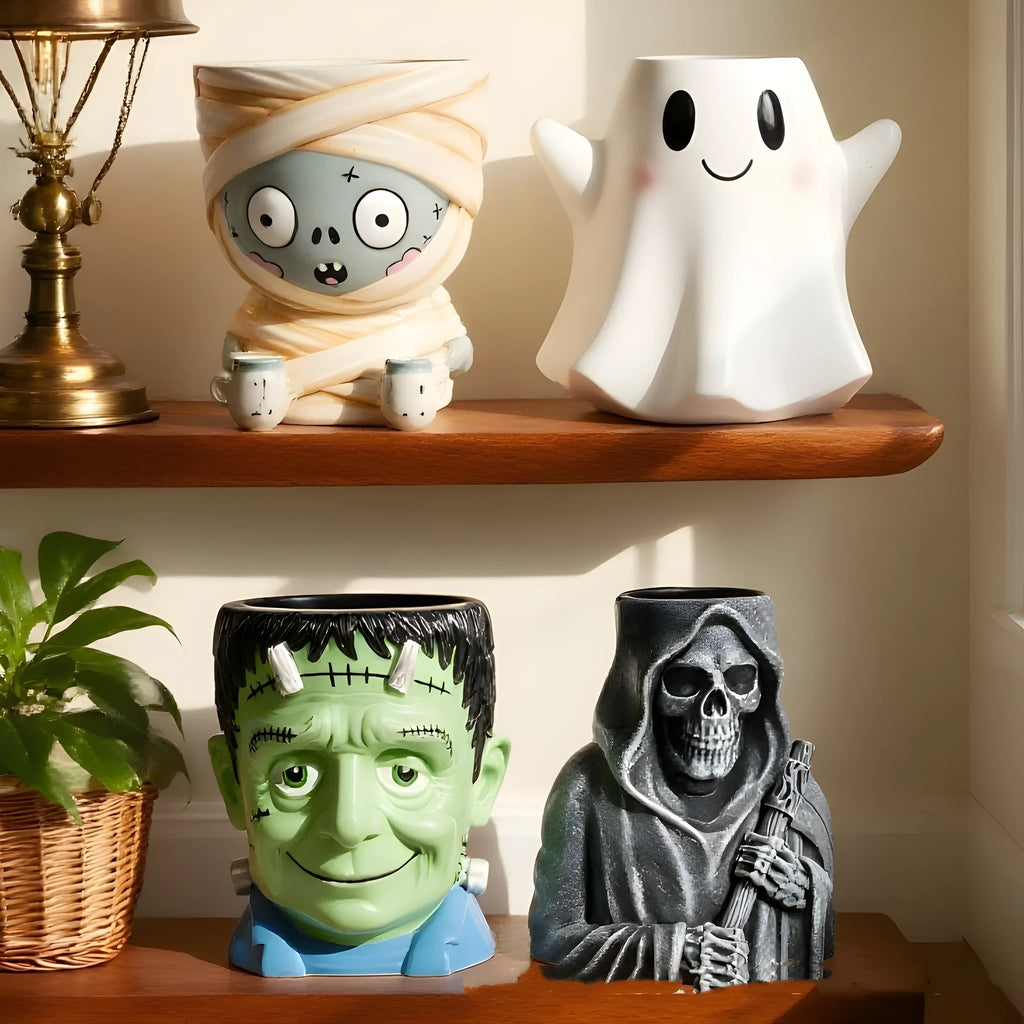 Hand-painted synthetic resin Halloween cartoon flower pot decoration featuring a bandage zombie character.