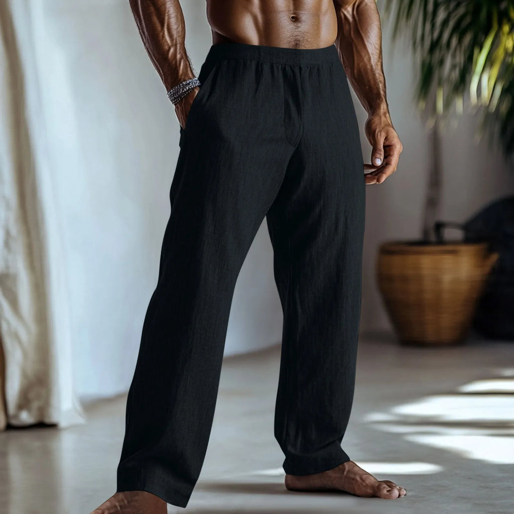 Cotton and linen straight-leg trousers in British style with side pockets available in multiple colours