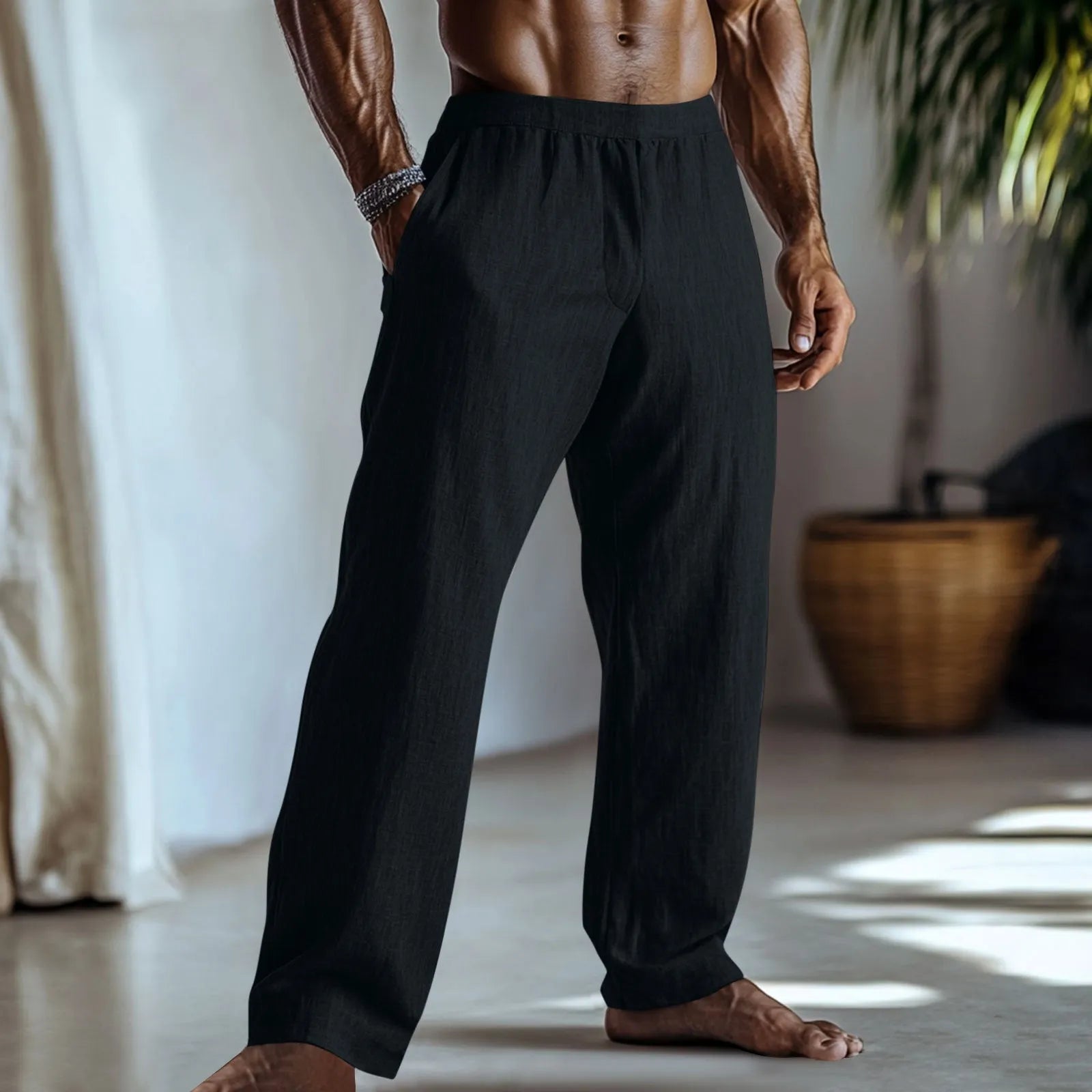 Cotton and linen straight-leg trousers in British style with side pockets available in multiple colours