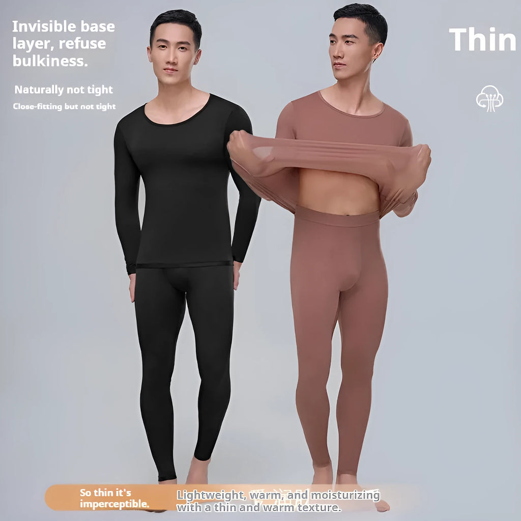 Men's constant temperature heating nylon bottoming suit in black with top and trousers on model