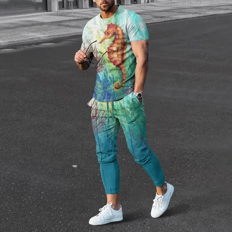 Man wearing a short-sleeved printed pullover and matching trousers from a polyester sport suit set.
