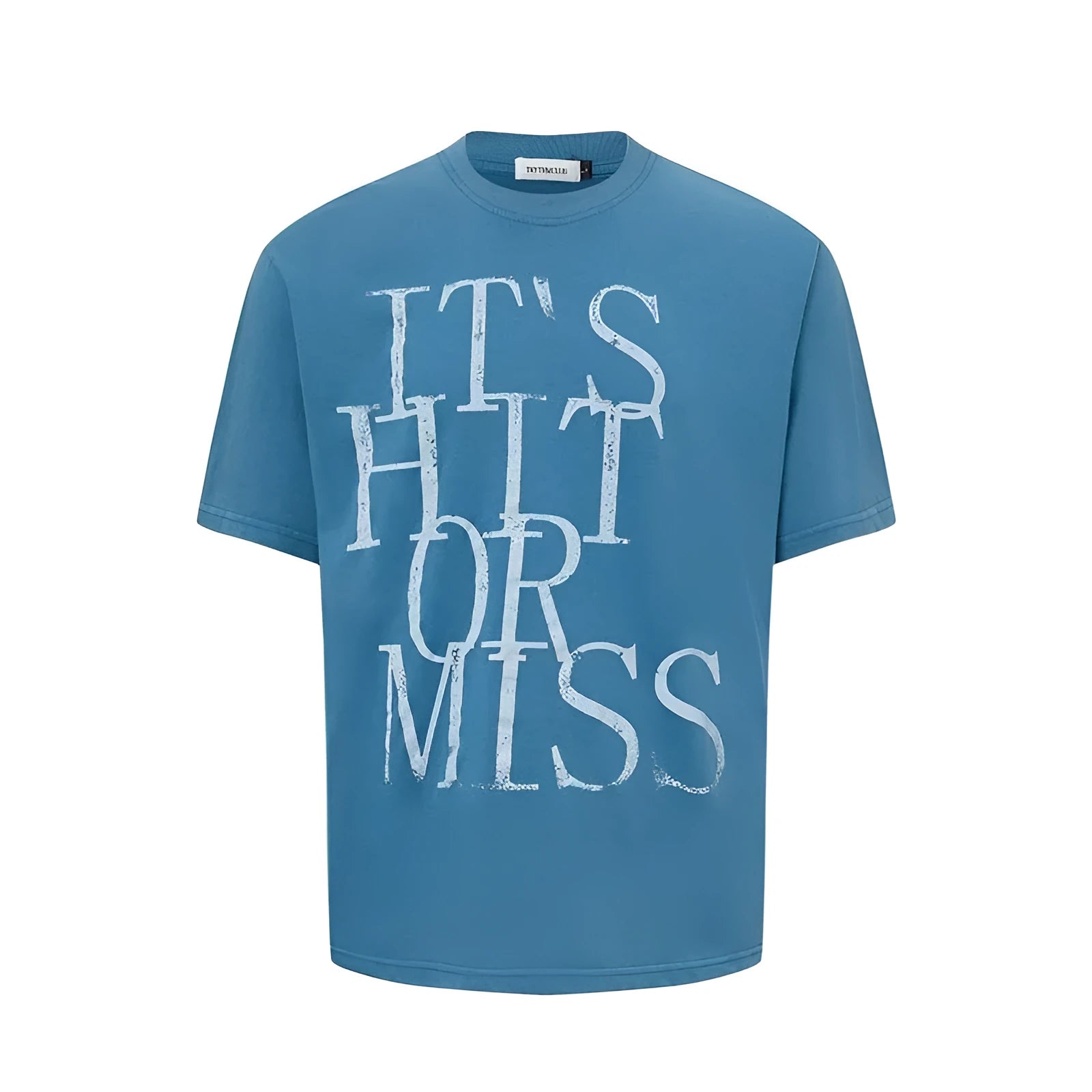 Men's blue cotton blend t-shirt with printed letter design showing loose fit and round neck