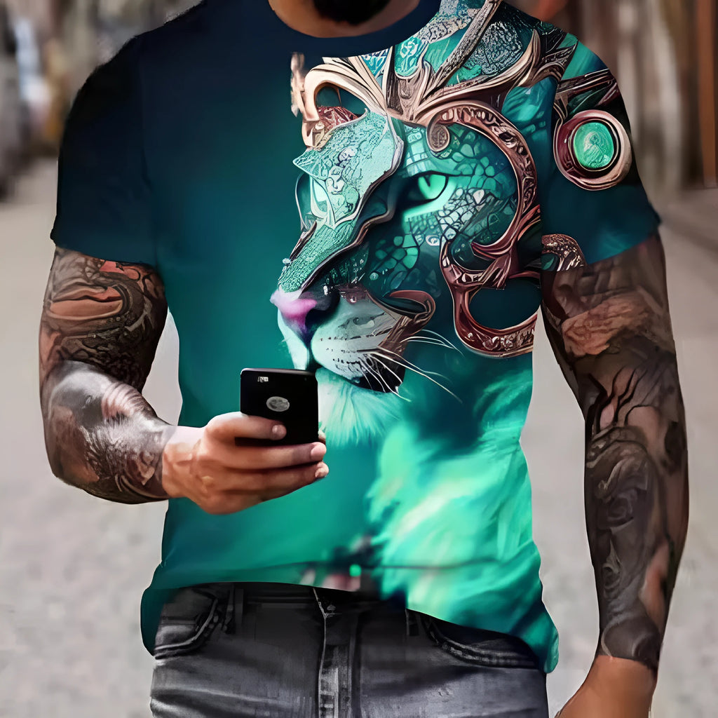 Men's black T-shirt with detailed 3D fierce lion graphic print on chest