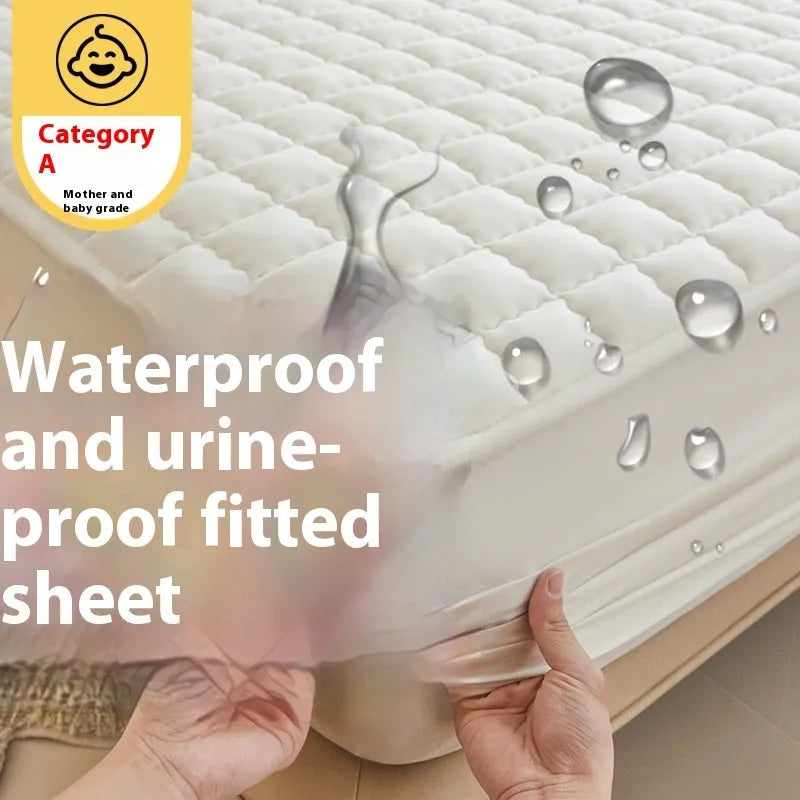 Blue quilted waterproof fitted sheet with elasticated corner on a mattress