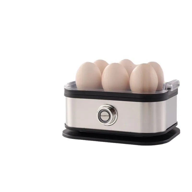 Black portable stainless steel mini egg boiler with power cord and plug adaptors for travel