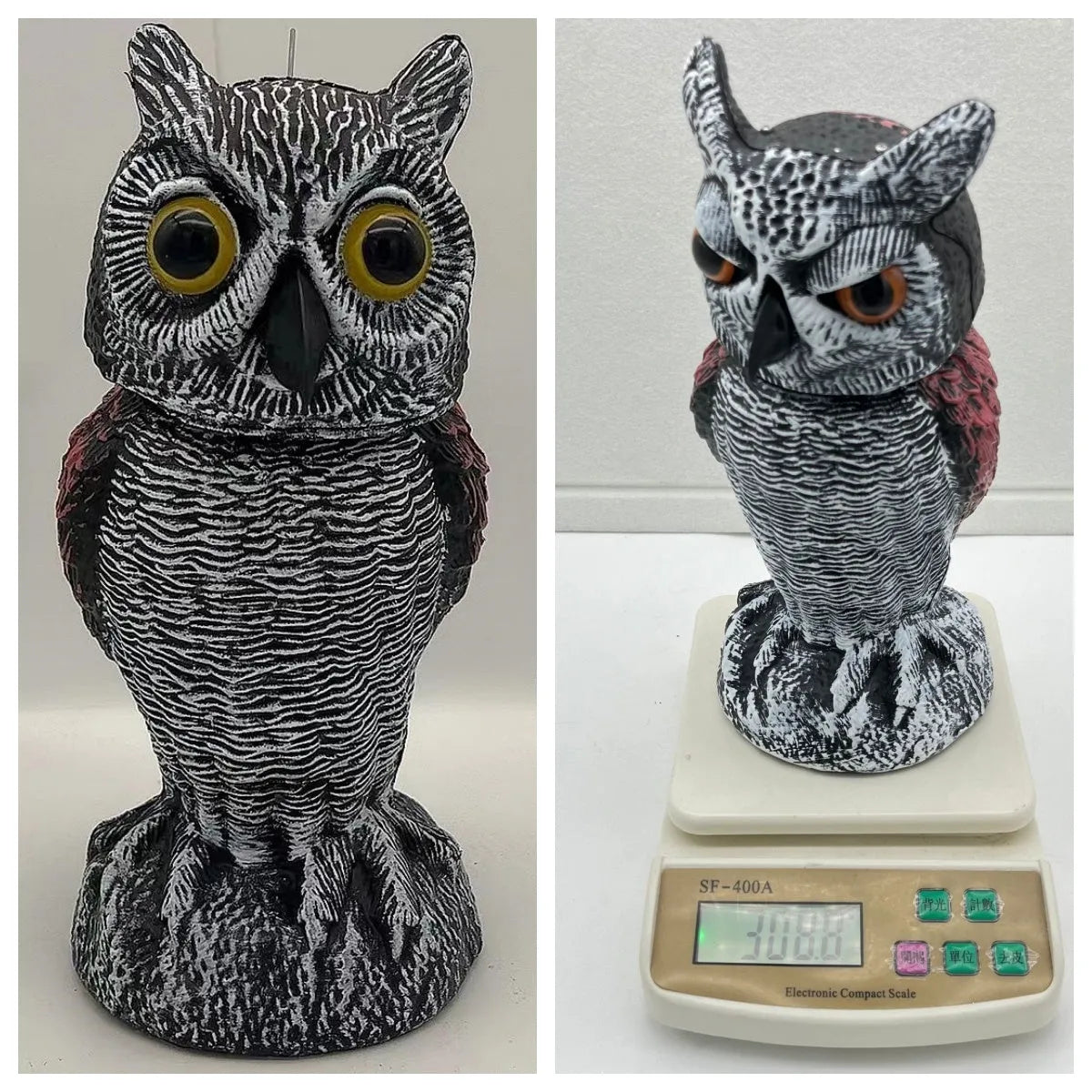 Artificial owl garden ornament with shaking head for bird deterrent on patio