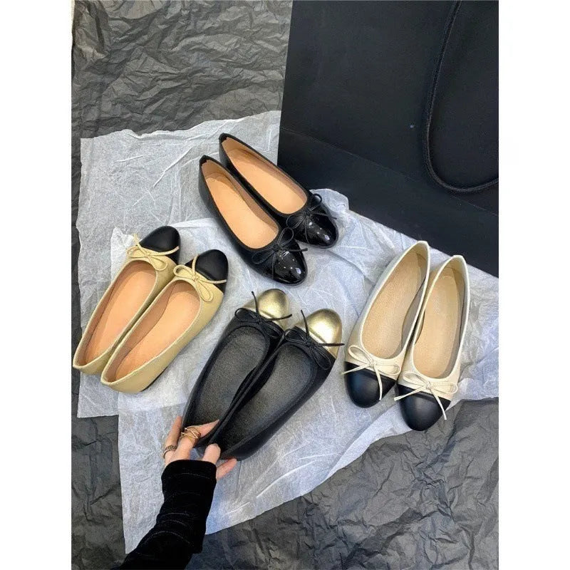 Flat bottom round toe bowknot ballet shoes in apricot with soft rubber sole and low-top upper