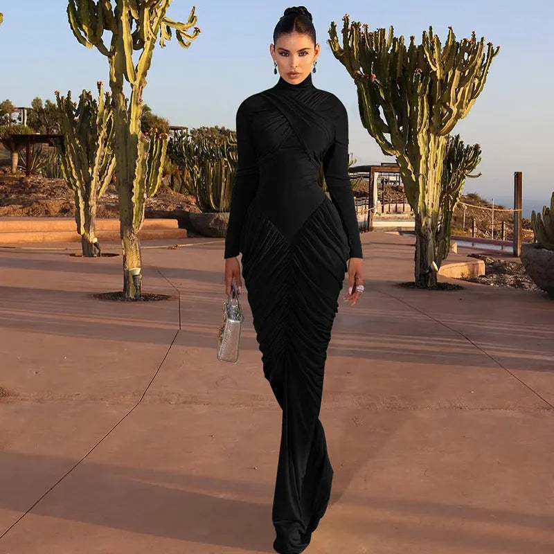Women's solid colour high neck long sleeve ruffle back bodycon dress in brown pencil skirt style