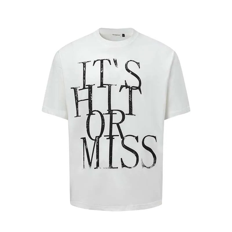 Men's blue cotton blend t-shirt with printed letter design showing loose fit and round neck