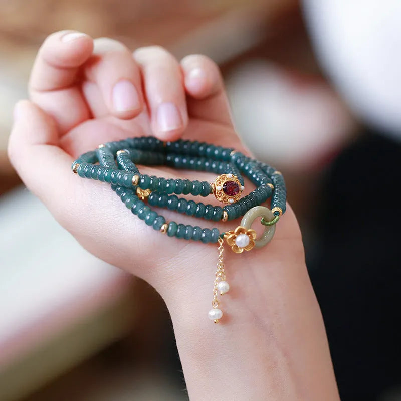 Natural blue water jade abacus beads bracelet with tourmaline and pearl three rings design, beads under 4mm