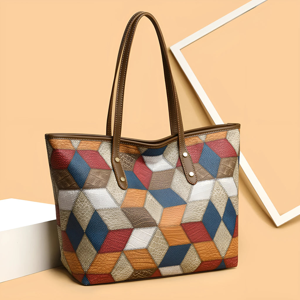 Women's PVC shoulder handbag with sandwich pocket design in blue brown colour