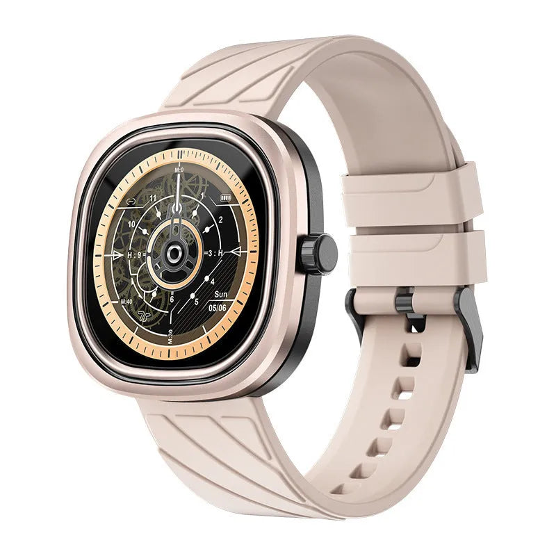 Bluetooth smartwatch with 1.32-inch touchscreen on silicone wristband in black, pink, or green.